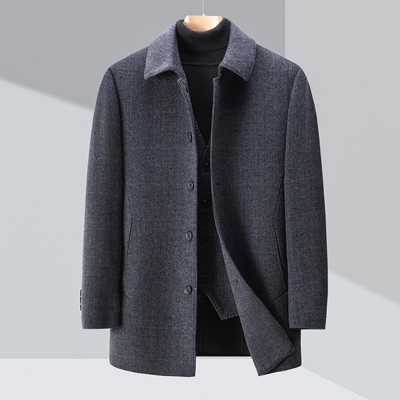Men's Double-Faced Wool Blend Mid-Length Coat - Business Casual Down Jacket for Middle-Aged Dads