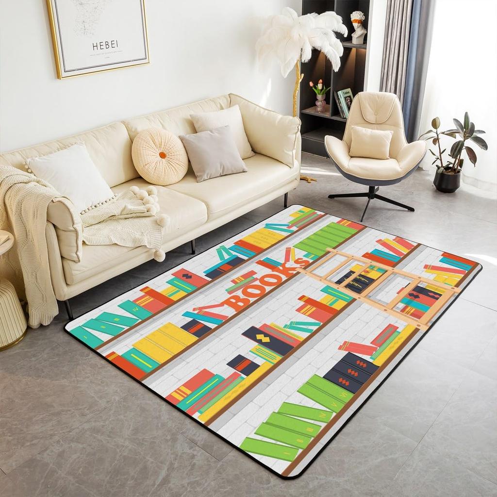 Bookshelf Area Rug for Teen Study Room Decor Library Book Print Carpet Vintage Bookshelf Living Room Doormat Bookcase Floor Mat