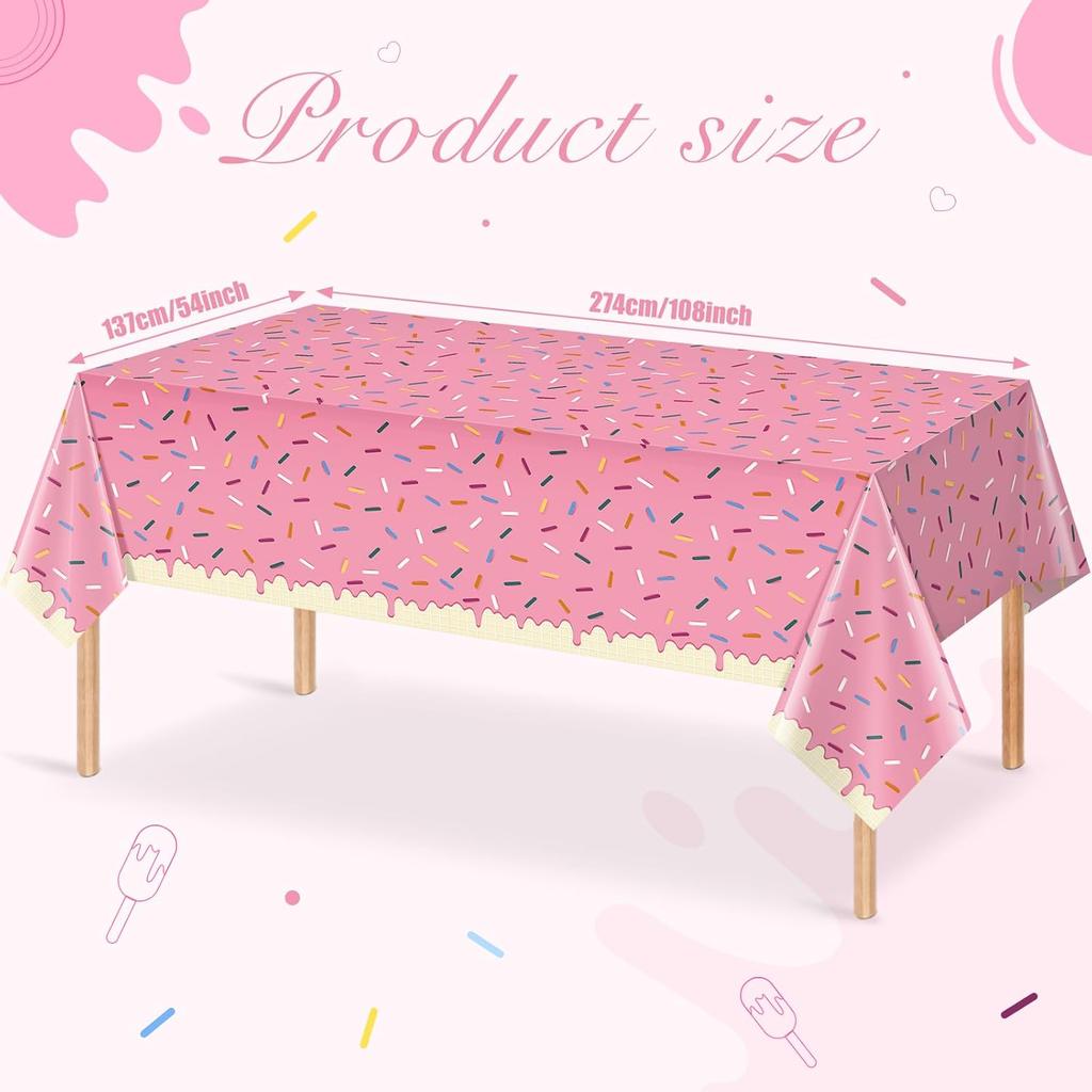 3Pcs Sprinkle Donut Tablecloth, Pink Ice Cream Table Cloth Disposable Plastic Rectangle Table Covers for Baby Girl Sweet One Birthday Donut Grow Up