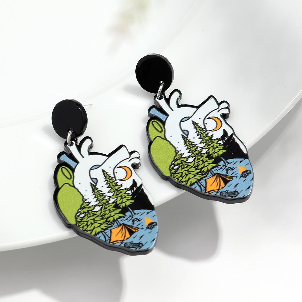Gothic Skull Ticker Acrylic Print Earrings for Women Horror Cartoon skeleton Heart Bottle Pendant Earring Halloween Jewelry Gift