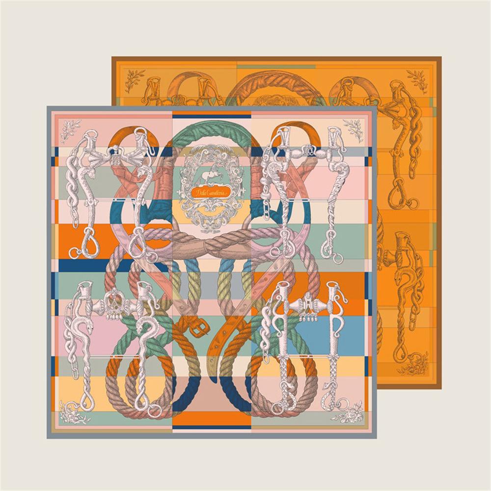 POBING Manual Hand Rolled Twill Silk Scarf Women Rope Double Side Print Square Scarves Wraps Echarpes Foulards Femme Hijab 90CM