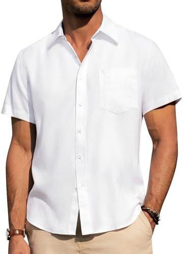 Alimens & Gentle Men's Linen Shirt Short Sleeve Button Up Shirt Wrinkle Free Casual Vacation Beach Summer