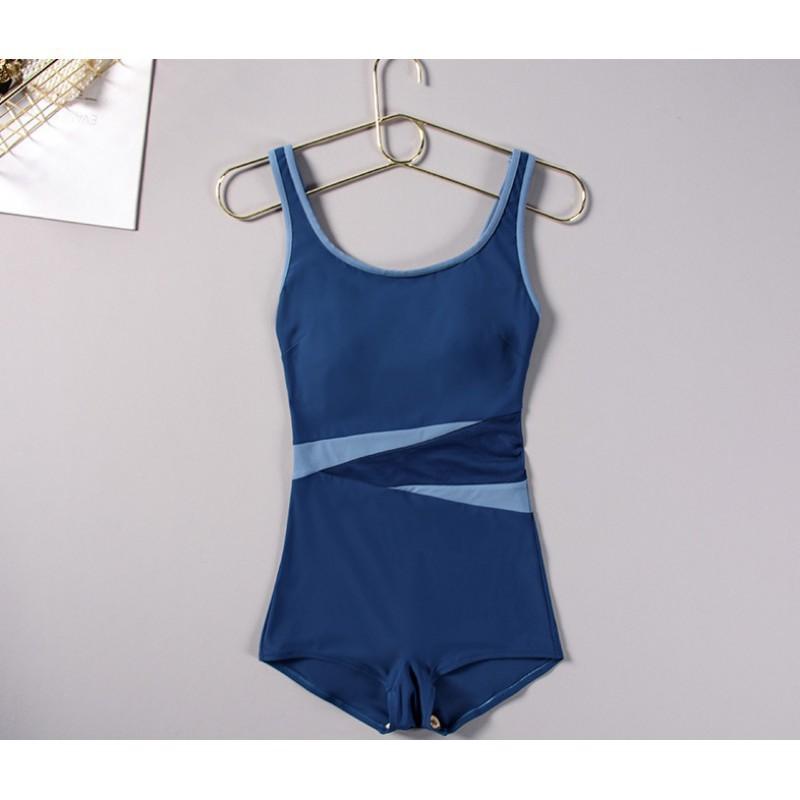 Einteiliger Boxer Sport Badeanzug Damen Schlank Schlankmachend Weiß Kontrastfarbe Offener Rücken Große Größe