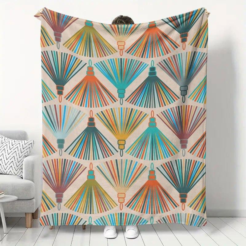 1pc Bohemian Tassel Print Flannel Blanket, Home Bedroom Sofa Throw Blanket, Office Nap Warm Blanket, Guesthouse Decorative Soft Furnishing Blanket
