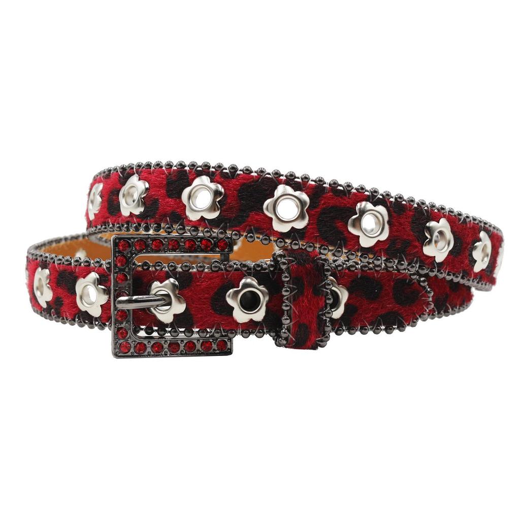 Luxury 2.3cm Leopard Print Leather Belt with Floral Eyelets & Rhinestones, No Punching Needed, Pin Buckle, Fully Diamond-Encrusted.