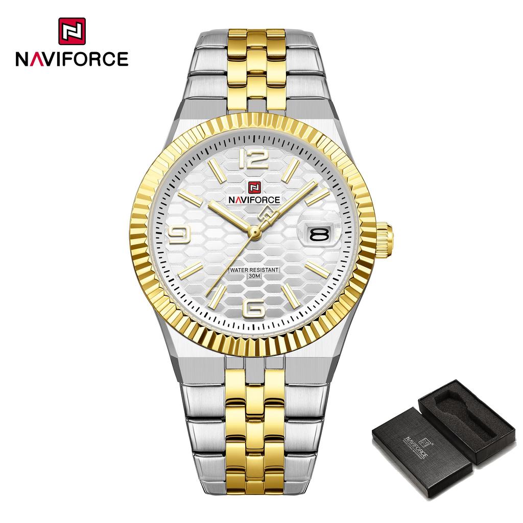 NAVIFORCE Original Men Quartz Watch Calendar Stainless Steel Strap Luminous Hands Honeycomb Dial Design Waterproof 3ATM Men Watch NF9277