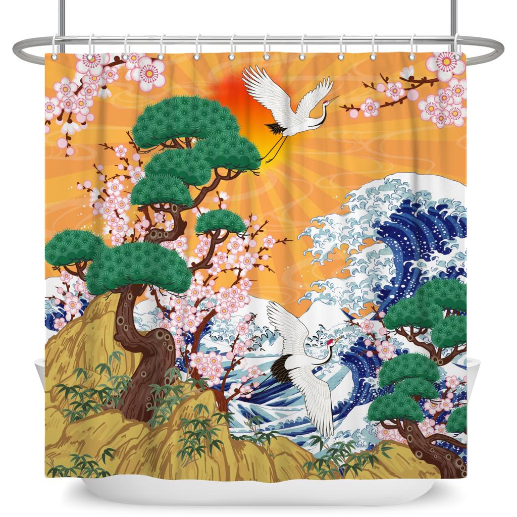 Japanese Style Wave Shower Curtain Ukiyo E Art Cherry Blossom Print Waterproof Bath Curtain Bathroom Decor Polyester With Hooks