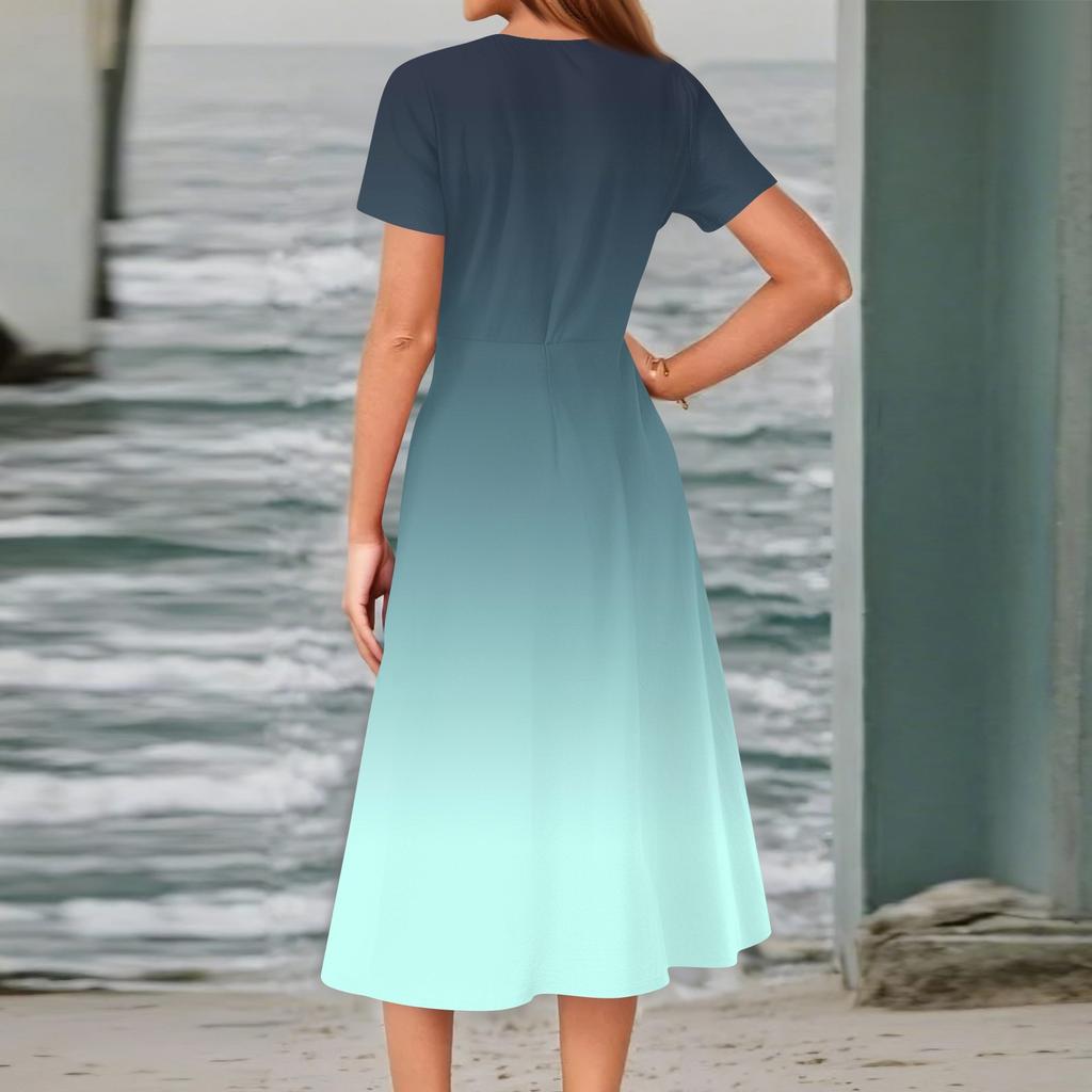 Women's Summer Casual Fashion Print Pocket Short Sleeve V-Neck Swing Dress