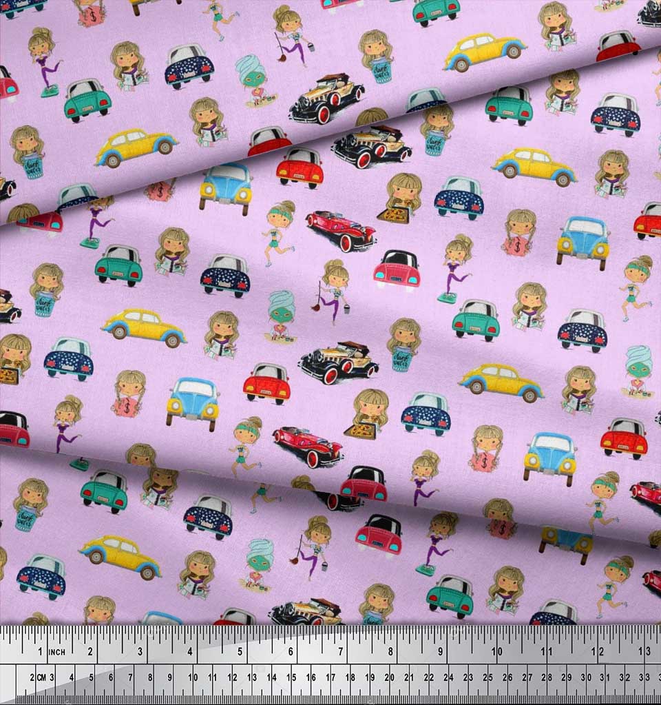 Soimoi Japan Crepe Satin Fabric Cartoon Girl & Car Transport Print Fabric by the Metre 42 Inch