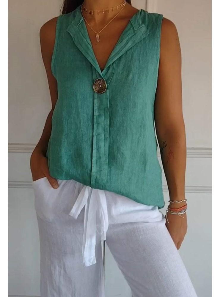 Casual Sleeveless Shirt Lady Fashion Button V-Neck Pullover Solid Top For Women Holiday Office Tops Shirts Women Clothes Summer