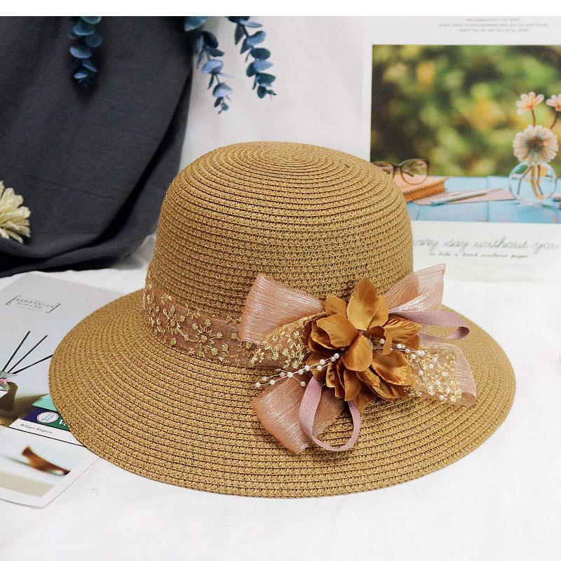 Fashion Women Summer New Women's Sun Hat Bucket Cap Beige Lace Bowknot Flowers Ribbon Flat Top Straw Hat Beach Caps Panama Gift