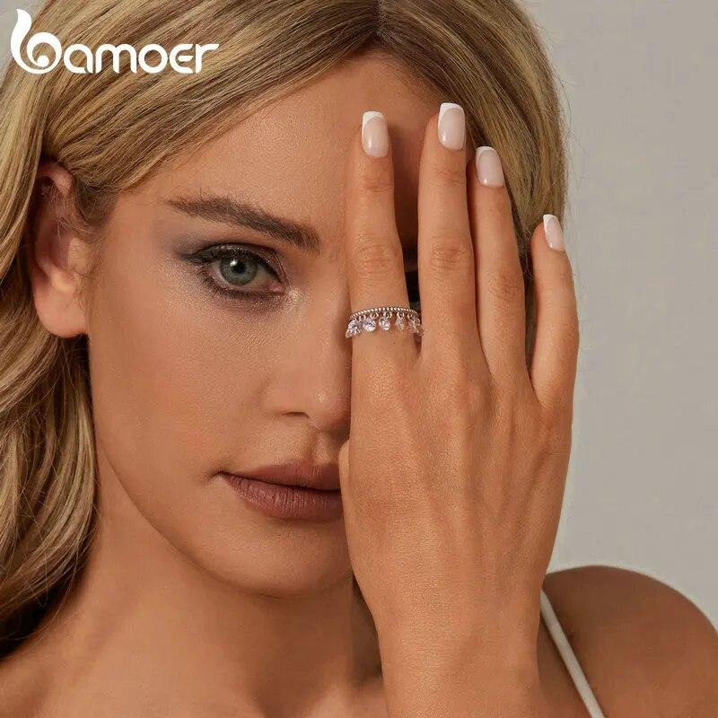 Bamoer 925 Sterling Silver Exquisite Tassel Opening Ring Mini Zircon Pendant Adjustable Ring for Women Party
