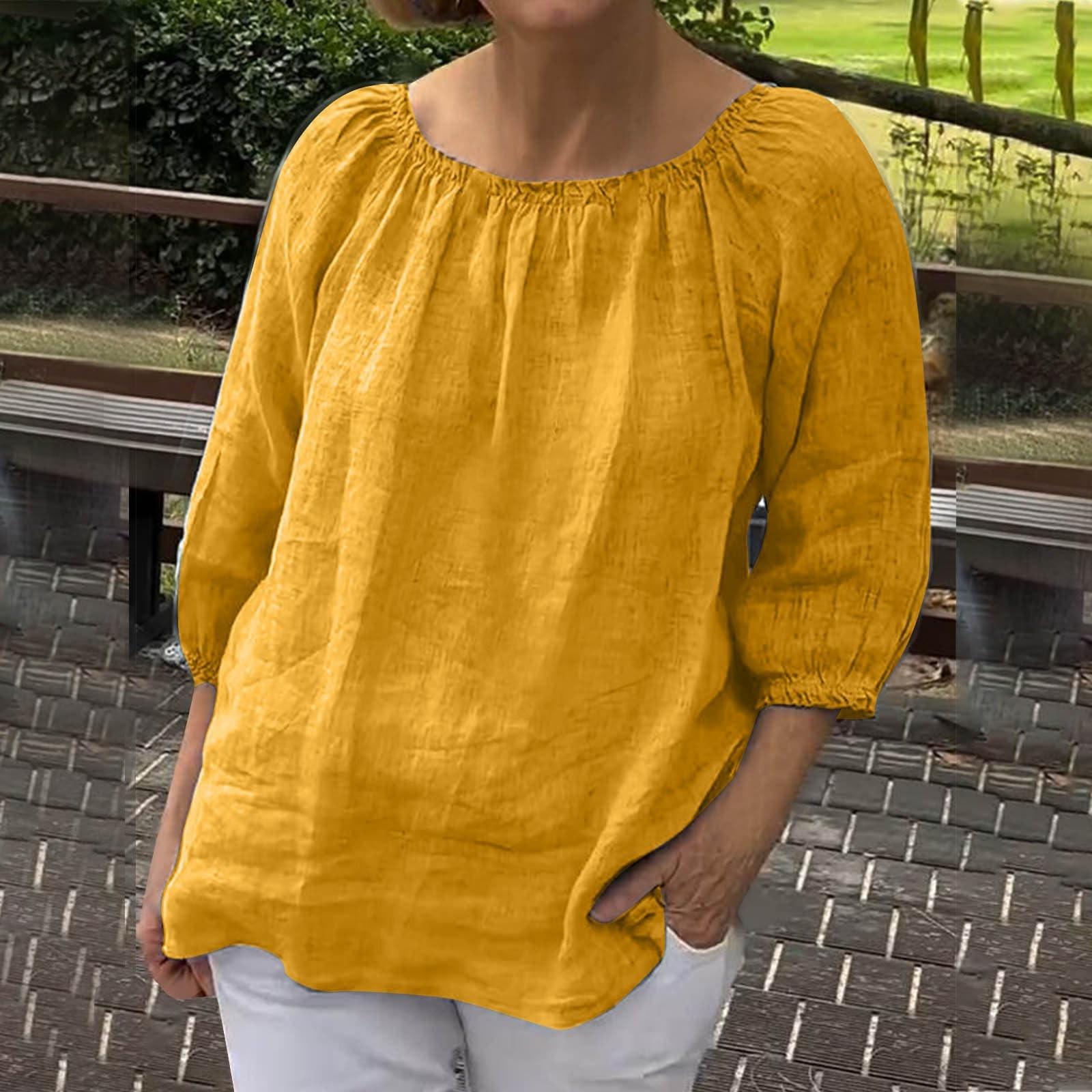 Женский свободный однотонный повседневный топ из хлопка и льна с круглым вырезом — фото 8