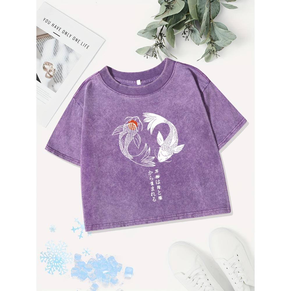 Casual Cotton Crop Tops Womens Japanese Koi Prints Washed T-Shirts Street O-Neck Regular Fit Streetwear Sexy Clothes