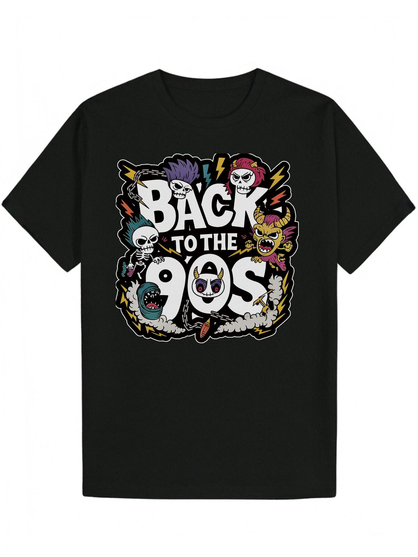 Crew Neck T-shirt - Back to the 90s Retro Graphic Tee with Colorful Characters L