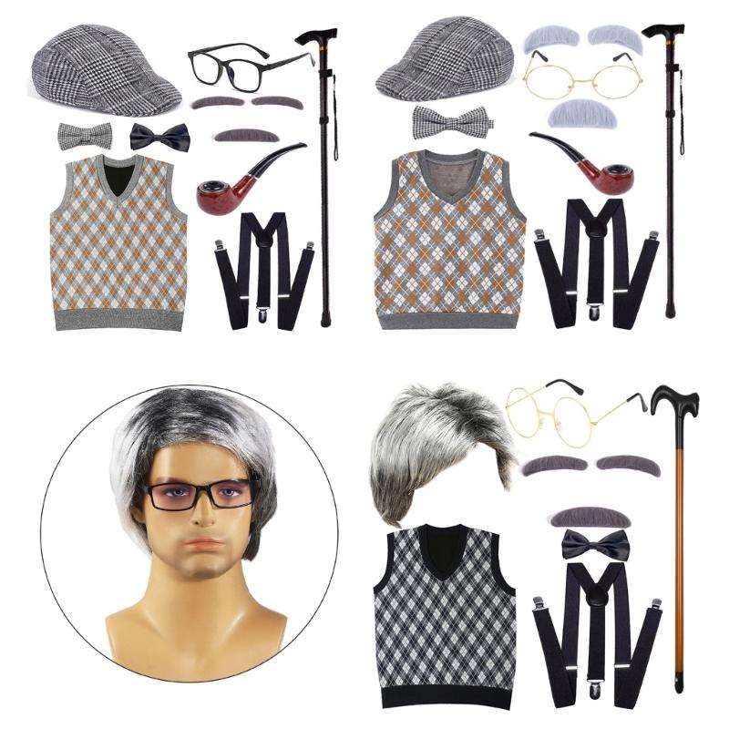 100 Days Of School Halloween Grandpa Costume Set Old Man Costume Set Hat Glasses Mustache and Eyebrows for Kids Boys