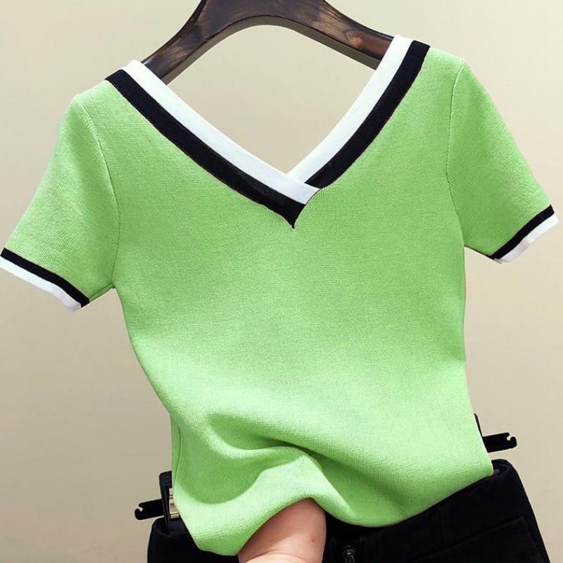V-ausschnitt Kurzarm Gestreiftes Gestricktes Hemd Frauen Kontrast Farbe 2023 Sommer Tops Shirt Koreanische Kleidung Femme 13362