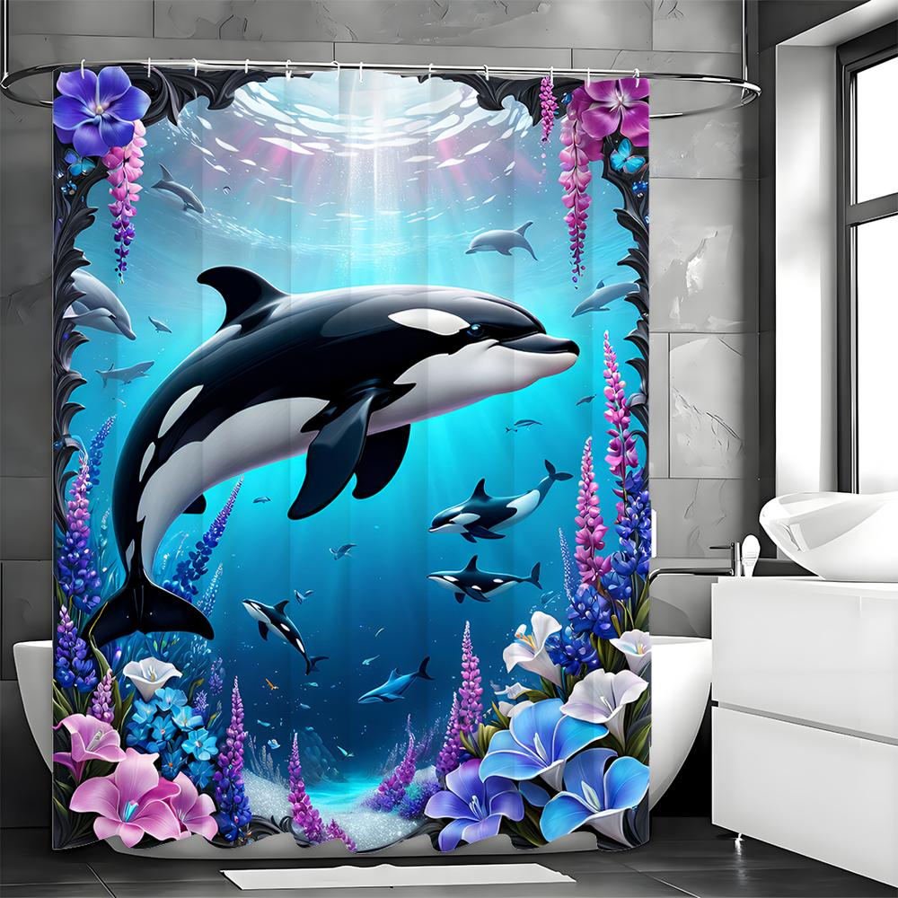 Underwater World Floral Dolphin Shower Curtain, Bathroom Decorative Shower Curtain, Waterproof Shower Curtain with Hooks