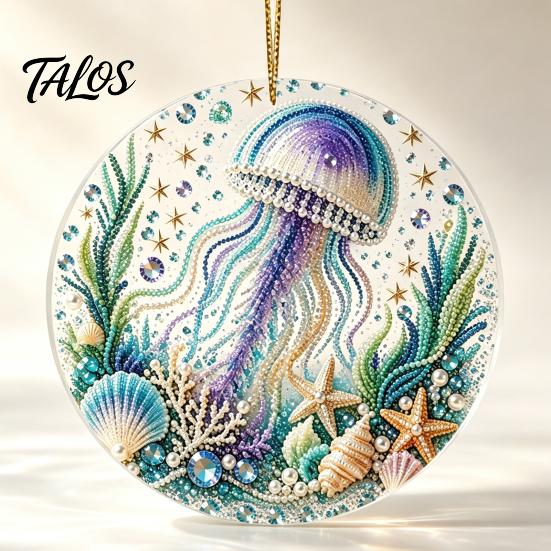 Marine Life Hanging Ornaments Ocean Theme Pearl Art Ornament, 2D Flat Acrylic Coastal Unique Gifts for Lovers Sea Suncatcher, Beaded Pattern