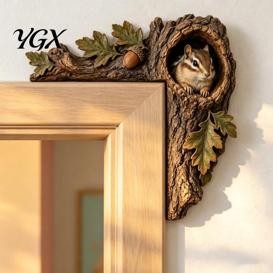 Woodland Door Frame Decor Chipmunk Tree Topper, Squirrel Owl Wooden Sign, Funny Whimsical Unique Housewarming Gifts for Her Animals Corner Ornament,