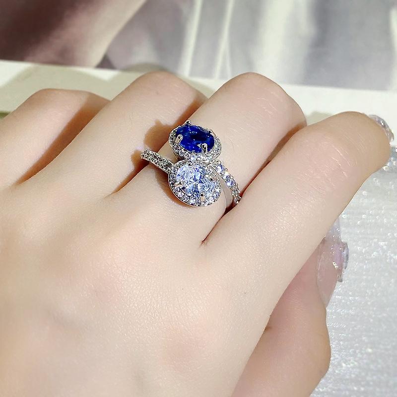 Oval Two-color Stitching White Sapphire Rings for Women Drop Ring Luxury Noble S Sterling Copper Opening Adjustable