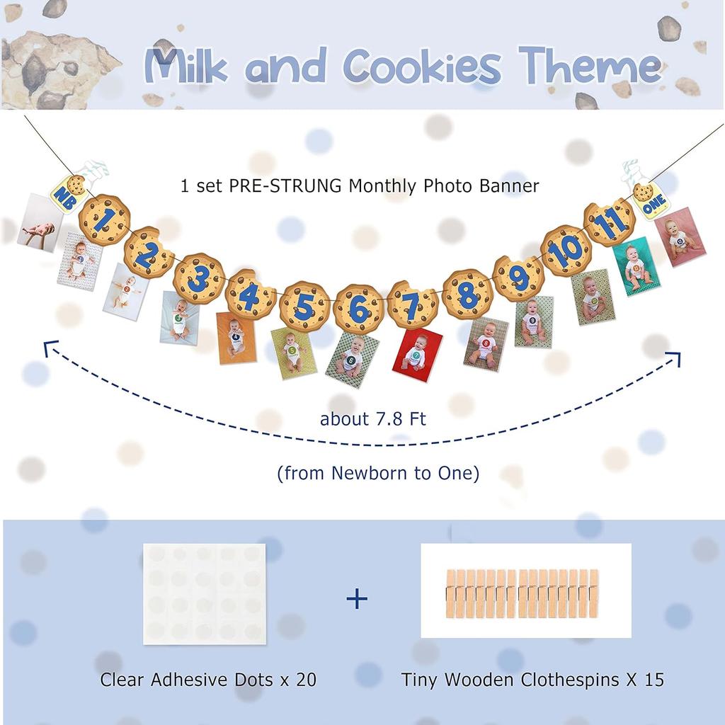 Cookies Milk Monthly Photo Banner, Cookies and Monster Theme Baby 12 Month Photo Prop Monthly Milestone Bunting Garland 1st Birthday Party Decoration