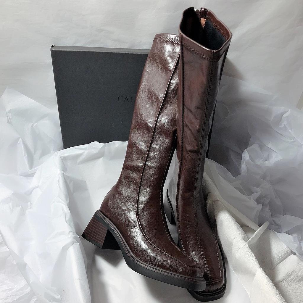 New Designer Vintage Thick Heel Women Knee High Boots Fashion Side Zippers Shoe Autumn Winter Ladies Concise Long Botas De Mujer