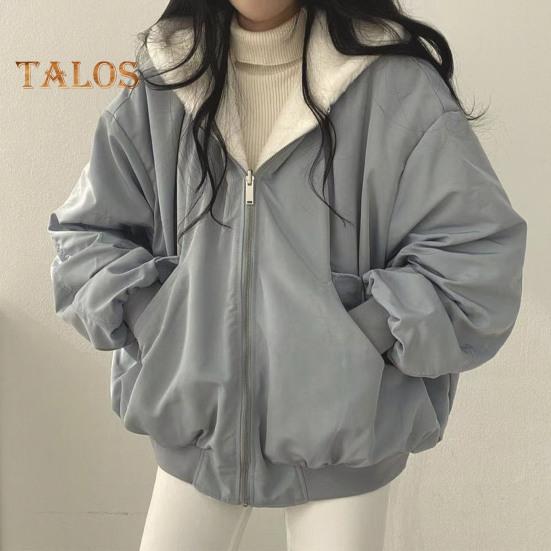 Lady Winter Coat Thick Fleece Lining Loose Hooded Long Sleeves Solid Color Double-sided Wear Zipper Closure Work Dating Travel Jacket