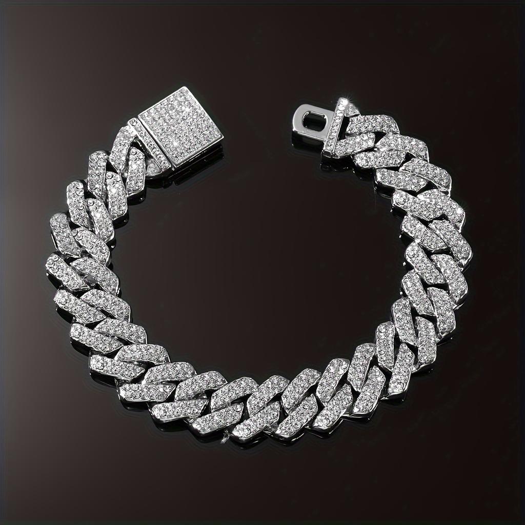 14mm Black Hip Hop Shiny Cuban Link Chain Bracelets Women Men Gold Color Rhinestone Iced Out Chain Bracelets Punk Men Jewelry