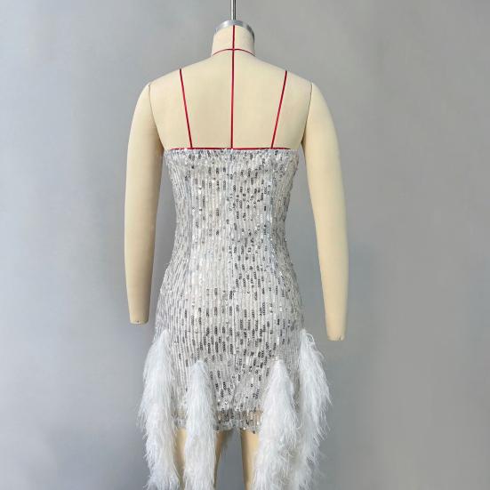 Women Evening Dress Sequin Fluffy Fur Decor Sleeveless Off Shoulder Skinny Sheath Backless