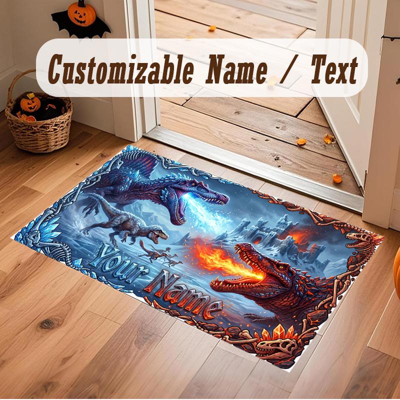 Dinosaur Theme Soft Crystal Velvet Rug Custom Name & Text Print Non Slip Floor Rug for Bedroom Living Room
