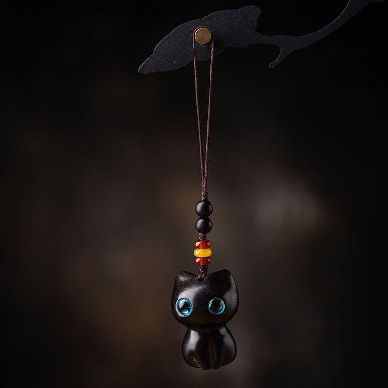 Purple Ebony Cute Wealth Attracting Cat Car Keychain Pendant Antique Style Pendant Mobile Phone Handmade High-end Hanging Accessory
