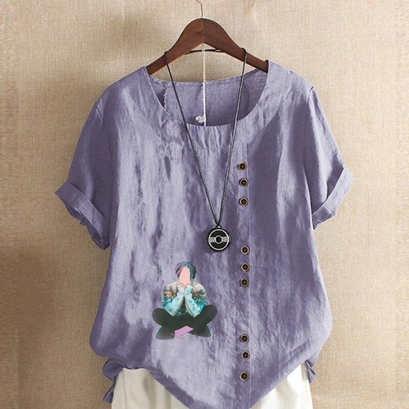 Women's New Fashion Linen Shirt Round Neck Short Sleeve Boy Printed T-shirt Summer Ladies Casual Plus Size Blouse Tops