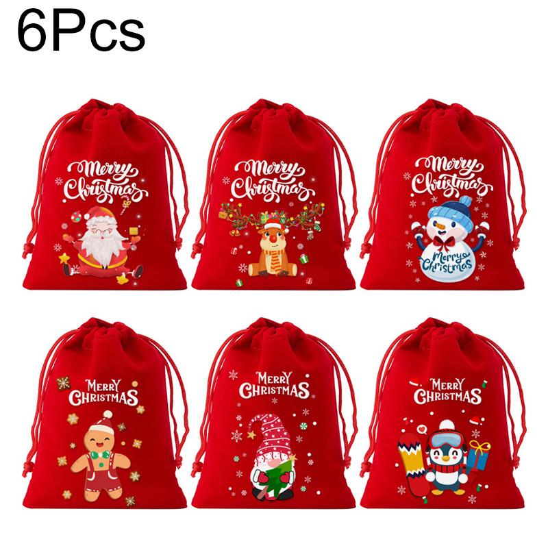 

6/8/12 шт. Подарочные мешочки на кулиске Красные Зеленые с мультяшным узором Упаковочные мешки 2025 для праздничных сувениров Бархатный рождественский мешочек для конфет 10*15cm