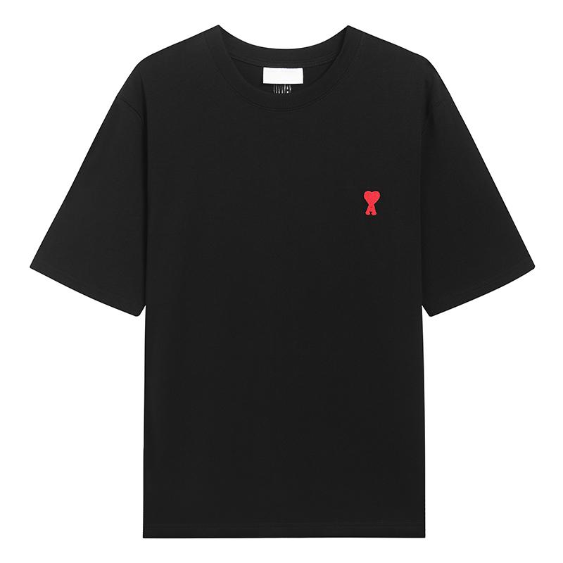 

Spring and Summer Breathable Cotton Basic T-shirt for Men and Women, with Red Heart Embroidery S чёрный