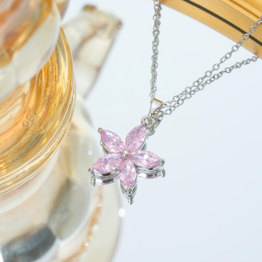 Stainless Steel Chain Colorful Crystal Flower Pendant Necklaces for Women Girls Trendy Sweet Cute Flower Jewelry Accessory Gifts