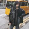 Autumn and Winter Leather Jacket Retro Loose Motorcycle Jacket Plus Velvet Thickening Mid-length Women's Leather Jacket