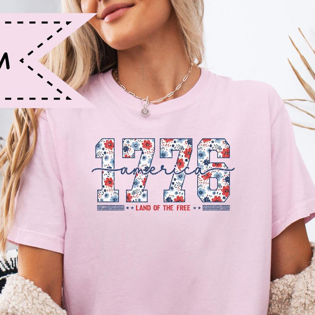 1776 America Land of the Free Graphic Tee, Patriotic USA Summer Shirt, Floral Boho 4th of July Tee
