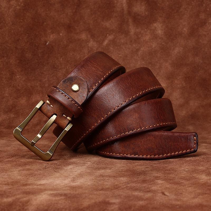 3.8Cm Wide Retro Hand-Polished Single-Layer Reflex First-Layer Cowhide Men'S Genuine Leather Pin Buckle Thickened Belt Men'S
