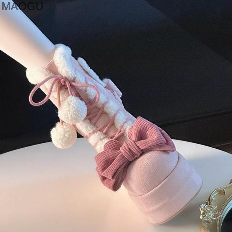 Lovely Plush Pink Lolita Platform Snow Boots Winter Thick Sole Warm Fur Short Boots Women's Height Increasing Shoes Size 35-39