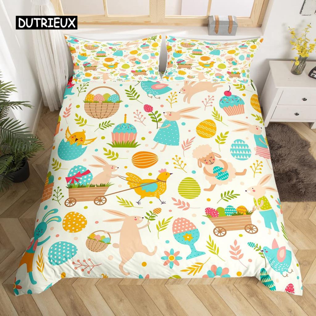 Kawaii Králičí Povlak na Peřinu Roztomilý Mazlíček Zvíře Povlak na Přikrývku Boho Květinový Velikonoční Vajíčka Ložní Set Šťastné Velikonoce Dárky pro Dívky Teenagery