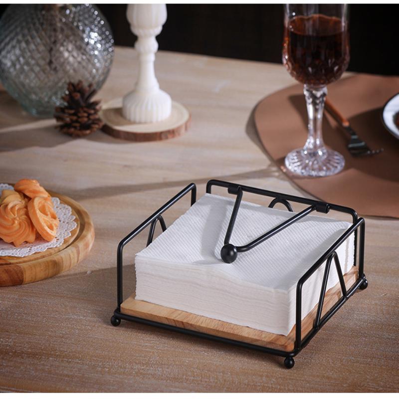 Flat Napkin Holder Metal Iron Serviette Holder Napkin Stand With Wooden Base For Home Kitchen Countertop Decor