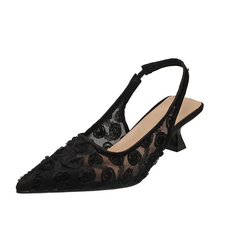 New Summer Mesh Lace Transparent Head Fine Kitten Heels Women Wear Pointed Toe Shallow Mouth Non-slip Sandals