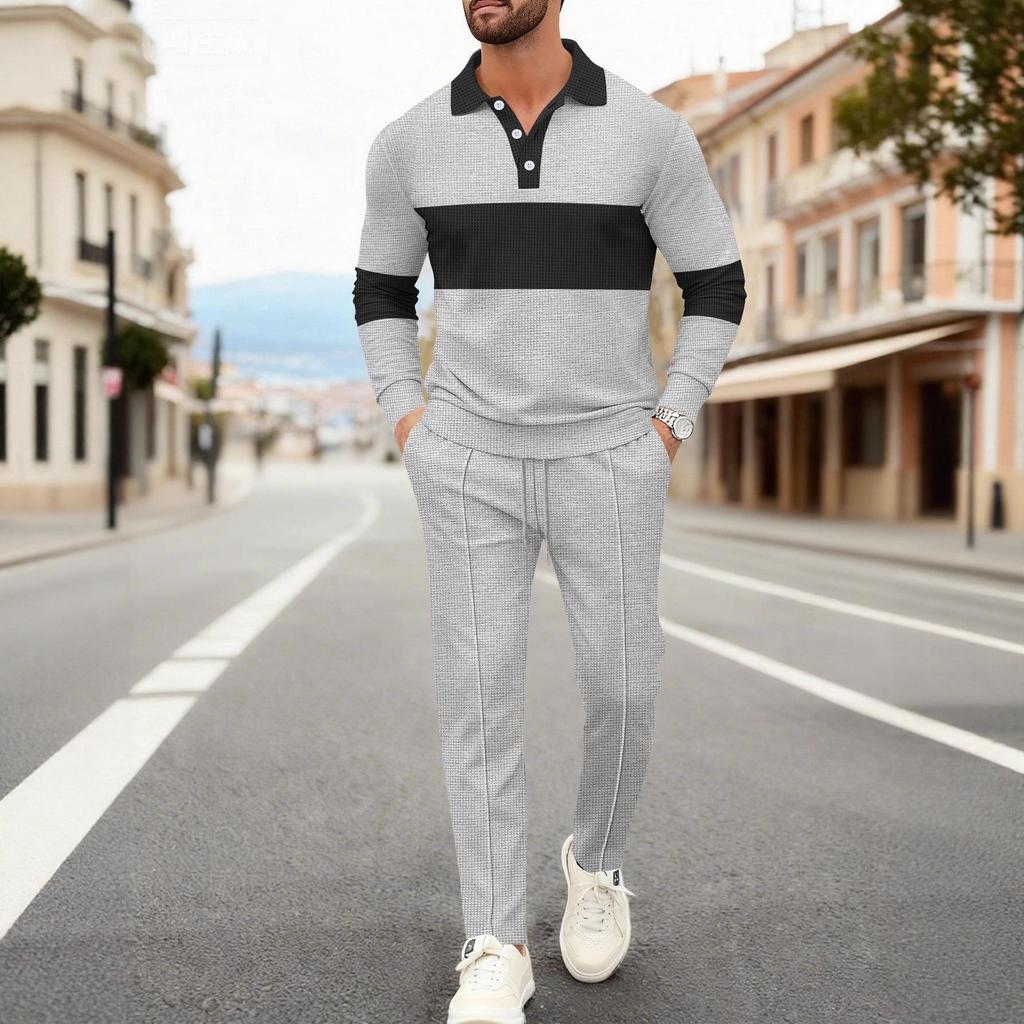 2025 Men's Autumn Waffle Sweatshirt & Pants Set - Casual Long Sleeve Lapel Design