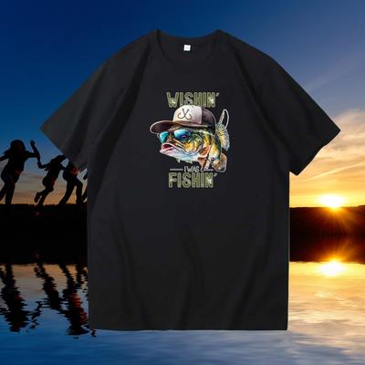 Spring and Summer New Wishin I Was Fishin Fishing Fish Pattern Printed Short Sleeved Cotton Tshirt Casual Round Neck Tshirt