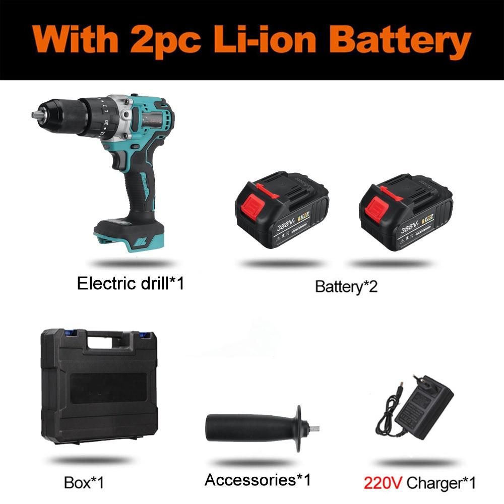 

388VF Бесщеточная электрическая дрель-отвертка 3 в 1 13 мм 520NM Беспроводная ударная дрель с крутящим моментом 20 + 2 электроинструмента с 2 батареями 2*Batteries