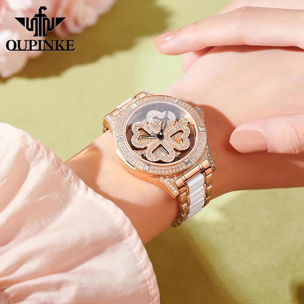 OUPINKE Woman Watch Diamond Dial Swiss Quartz Ladies Wristwatch Ceramic Steel 50M Waterproof Four Leaf Clover Clock Reloj
