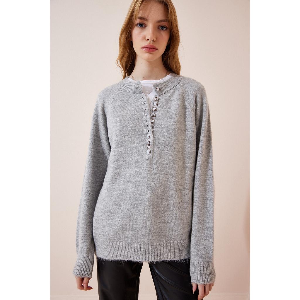 Gestreifter Strickpullover mit Knopfkragen in Knochenschwarz für Damen Lx00040