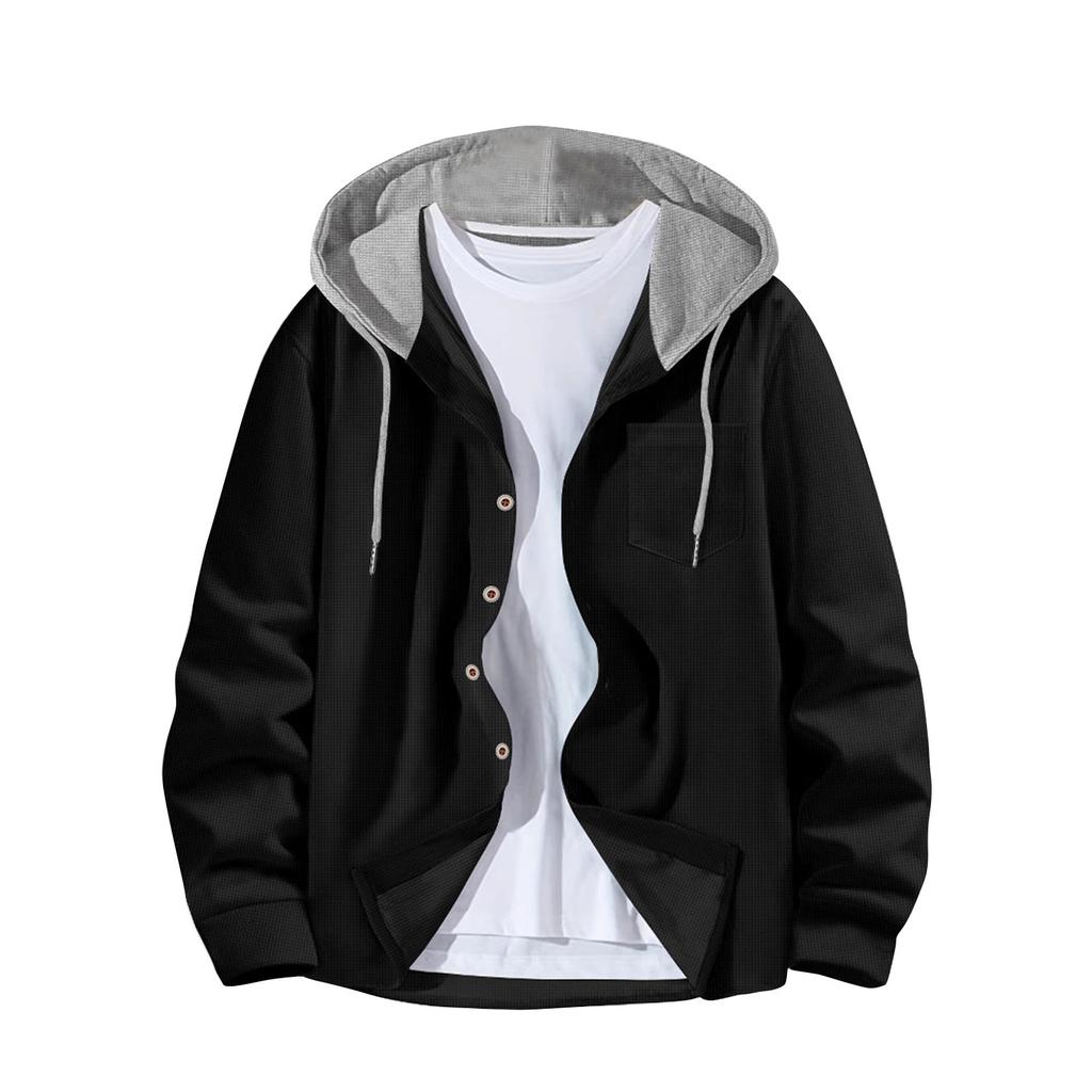 Pánská módní kardiganová bunda s kapucí a blokovanou přezkou