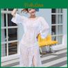 Seaside Vacation European American Knitted Bikini Coverup With Trumpet Sleeves And Hollow Slit Long Skirt